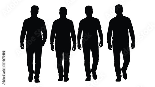Four men walking forward presenting a stark black form against a white background silhouette