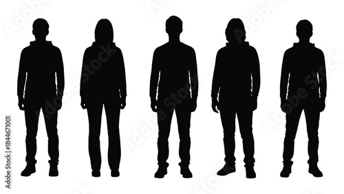 Five figures stand in a row showcasing various poses and clothing a striking silhouette