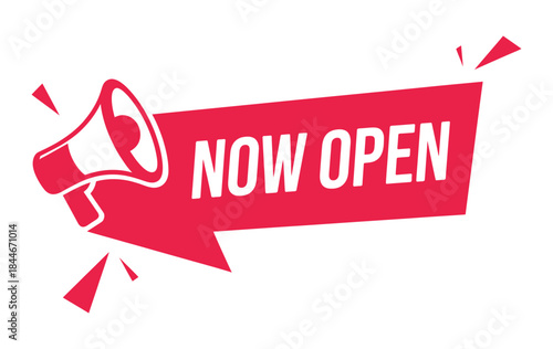 Dynamic red and white now open sticker design featuring a megaphone icon for new store announcement