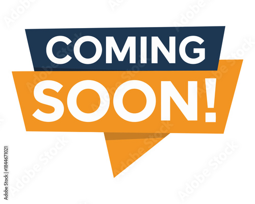 Coming soon banner with bold typography on a geometric orange and blue design.