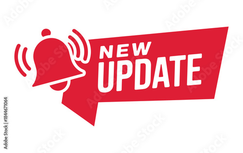 A bright red notification icon featuring a ringing bell and 'new update' text