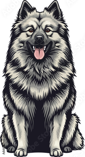 Keeshond dog sitting happy panting smiling pose
