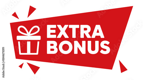 Bright red extra bonus label or sticker design with a gift box icon