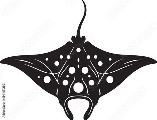 Black and white of a manta ray with white spots and a long tail also transparent background marine life