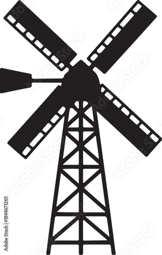 Black and white windmill with four blades and a lattice tower structure also transparent background