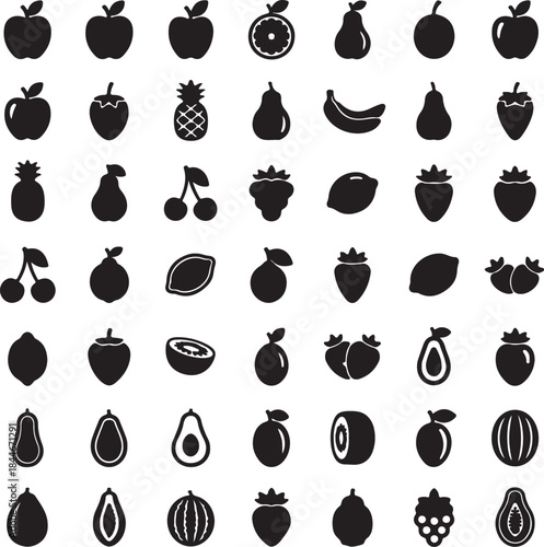 Collection of black and white fruit and vegetable arranged in a grid pattern also transparent background