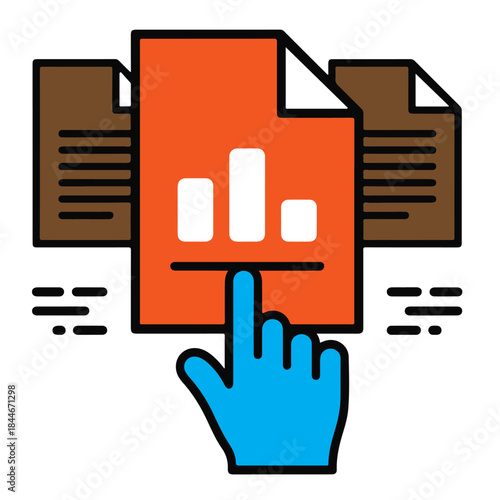 Colorful icon of a hand interacting with documents and a bar graph