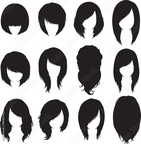 Silhouettes of Various Hairstyles in Black and White also transparent background short hair