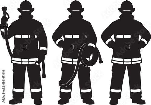 Three Firefighters in Protective Gear Standing Side by Side Holding Equipment also transparent background