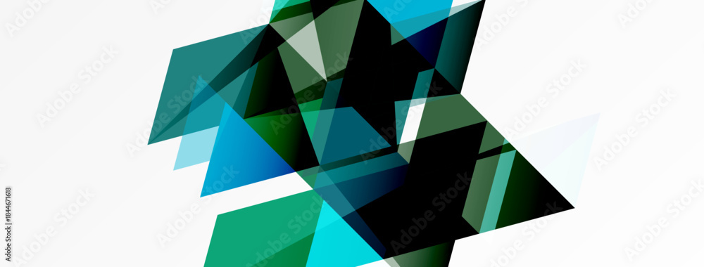 Fototapeta premium Abstract geometric shapes overlap, creating dynamic composition. Shades range from teal to dark green, set against white background.