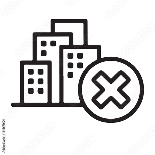 Black and white cityscape with a reject symbol on a