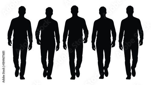A row of five male figures walking forward presented as a striking black silhouette