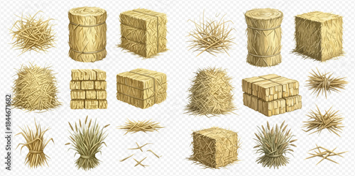 Set of various hay and straw elements including bales, stacks, and loose piles, perfect for farm and harvest designs.