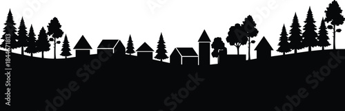 Rural village silhouette illustration, houses and pine trees on hills, countryside landscape scene, minimalist black vector design
