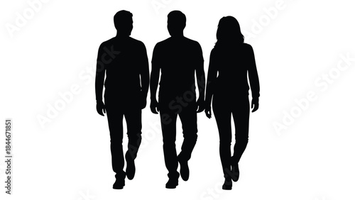 Three people walking forward depicted as a striking black shape silhouette
