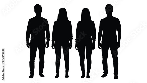 Four individuals standing in a row depicted as dark shapes against a white background silhouette