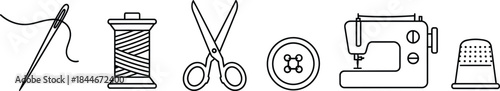 Sewing and textiles line icon set. Vector pictograms of needle and thread, spool, scissors, button, sewing machine, thimble, thin linear illustration.