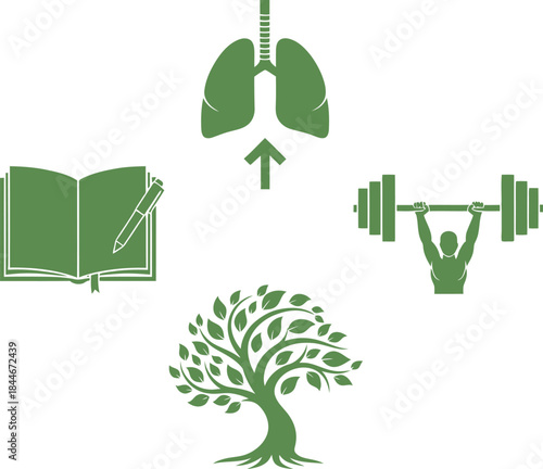 Stress Management Icons Deep Breathing Lungs, Journal, Peaceful Tree, Weight Lifted