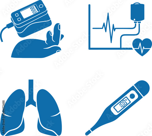 Vital Signs Icons Pulse Oximeter, Blood Pressure Graph, Respiration, Thermometer