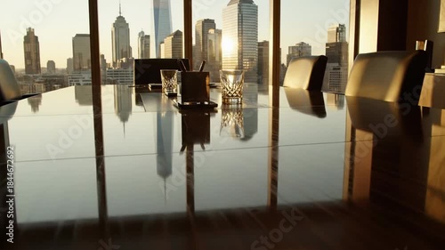 Luxury Corporate Boardroom Table with City Skyline View at Sunset
