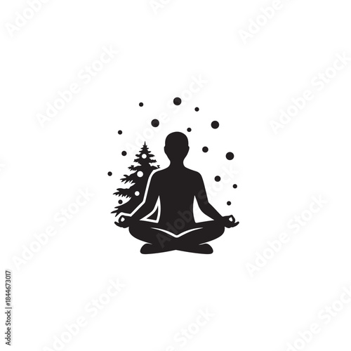 Meditation Yoga Silhouette with Nature – Mindfulness Wellness Spiritual Vector Icon