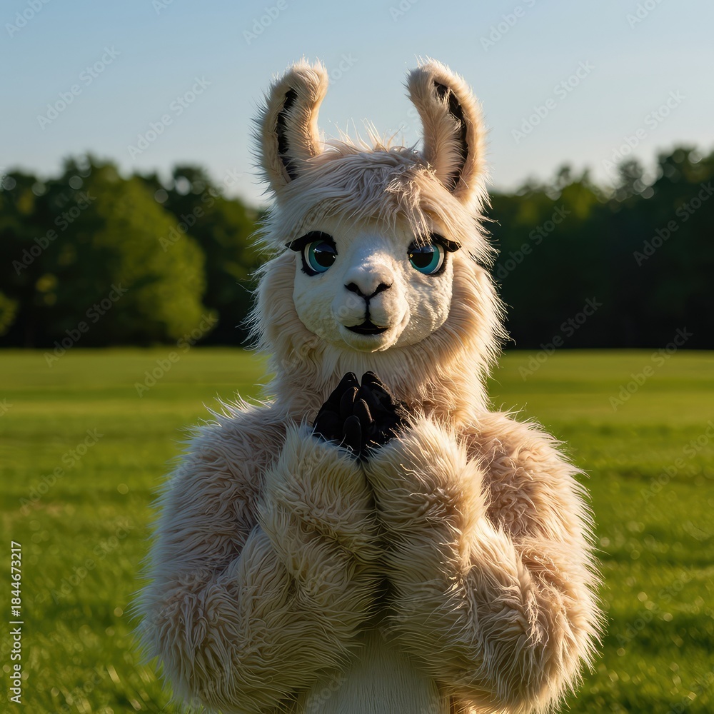 Fototapeta premium Anthropomorphic fluffy llama character posing in a sunny field. Detailed soft fur costume design for creative fantasy events and fandom conventions ,sunny ,expressive ,happy