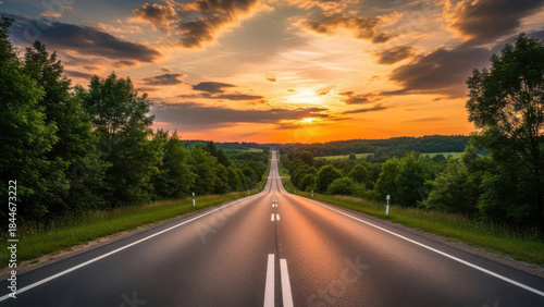 Endless road leading to sunset with trees and cloudy sky