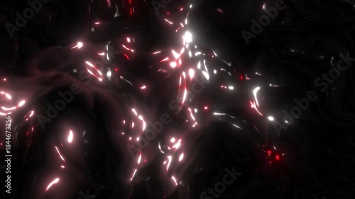 Abstract dark animation showing glowing red and white light particles flowing through shadowy space, creating a dramatic and intense cinematic atmosphere.