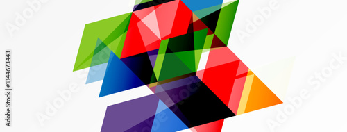 Abstract geometric shapes overlap, creating vibrant colorful composition. White background emphasizes design elements.