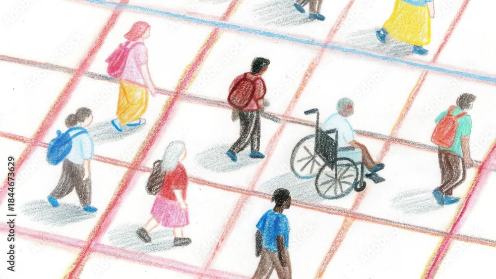 Fototapeta premium Diverse group of people with varying abilities walking on a grid pattern isolated on white background