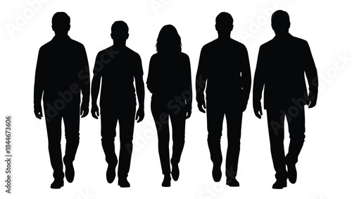 A group of five people walking forward presented as a striking black silhouette