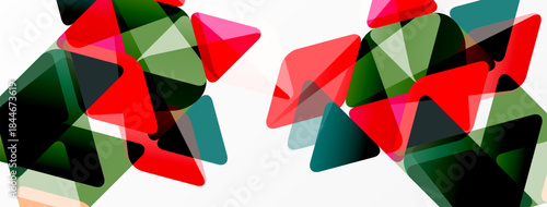 Abstract composition featuring overlapping triangles. Red, green, black hues dominate white background. Modern design element.