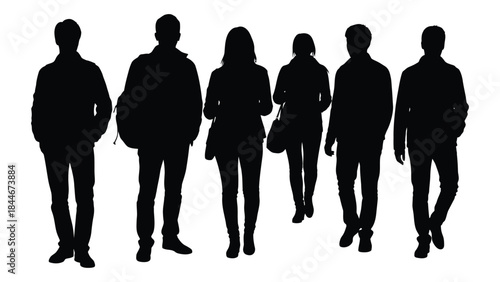 A group of six people standing together depicted in a dark striking silhouette