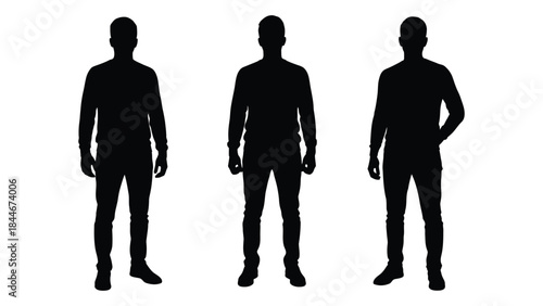 Three identical male figures standing in a row presented as a dark silhouette