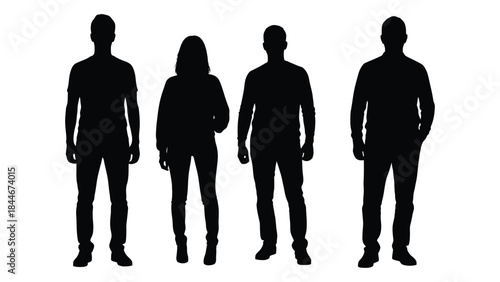 Four figures standing in a row showcasing a striking dark silhouette