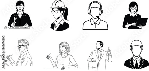 Title: A set of eight diverse professionals in various occupations including a technician an architect a customer service representative and