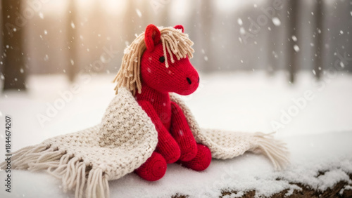 Red knitted plush horse toy wrapped in a cozy blanket sitting on real snow during snowfall. Winter holiday decor, Christmas gift idea for kid.