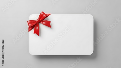 A blank white gift card with a vibrant red ribbon bow, presented on a simple gray background