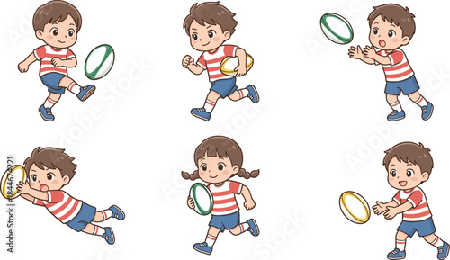 Cute kids playing rugby illustration set, cartoon children in dynamic action poses with ball, youth sports activity design