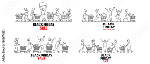 Black friday shopping crowd illustration with sale signs

