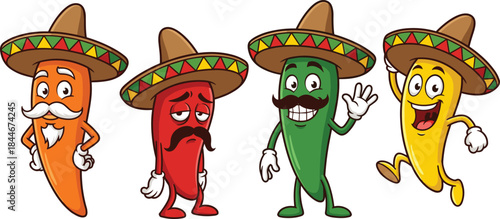 Funny chili pepper cartoon characters, Mexican food mascots wearing sombreros, colorful spicy vegetables illustration, festive cuisine theme, playful vector Funny 