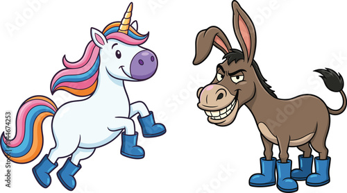 Cute unicorn and donkey cartoon illustration, funny fantasy farm animals wearing boots, colorful fairytale characters, kids friendly vector