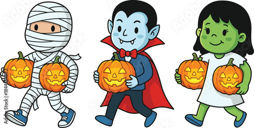 Cute Halloween kids characters illustration, mummy vampire zombie children holding pumpkins, trick or treat cartoon, festive spooky vector