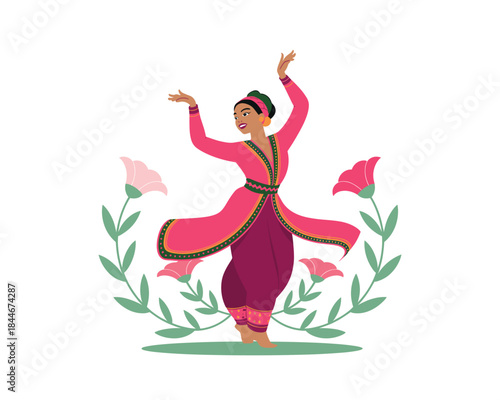 Woman in traditional indian dance attire performing with flowers