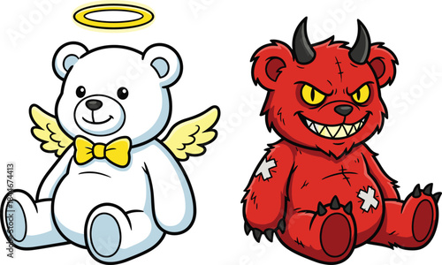 Angel and devil teddy bear characters illustration, cute good versus evil toy bears concept for stickers, posters, branding, kids design
