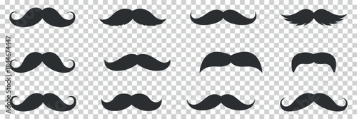 A collection of diverse black mustache silhouettes arranged on a transparent background showcasing various styles and shapes