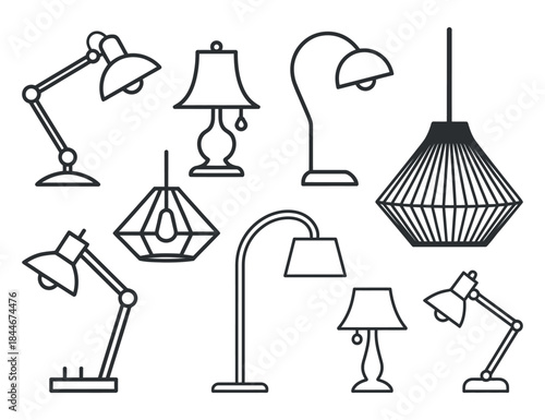 a collection of various black and white line art illustrations depicting different lamp styles and designs