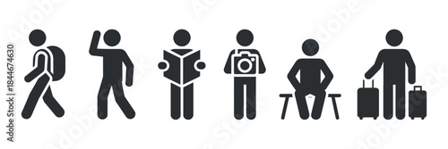 A series of black stick figures depicts various human actions including walking gesturing and carrying items