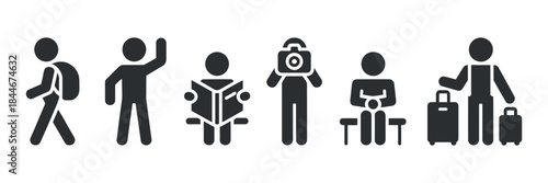 a series of stick figures depict various actions including walking waving carrying a child and travel