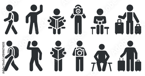 A collection of black silhouette icons depicting various people and their travel related activities and possessions